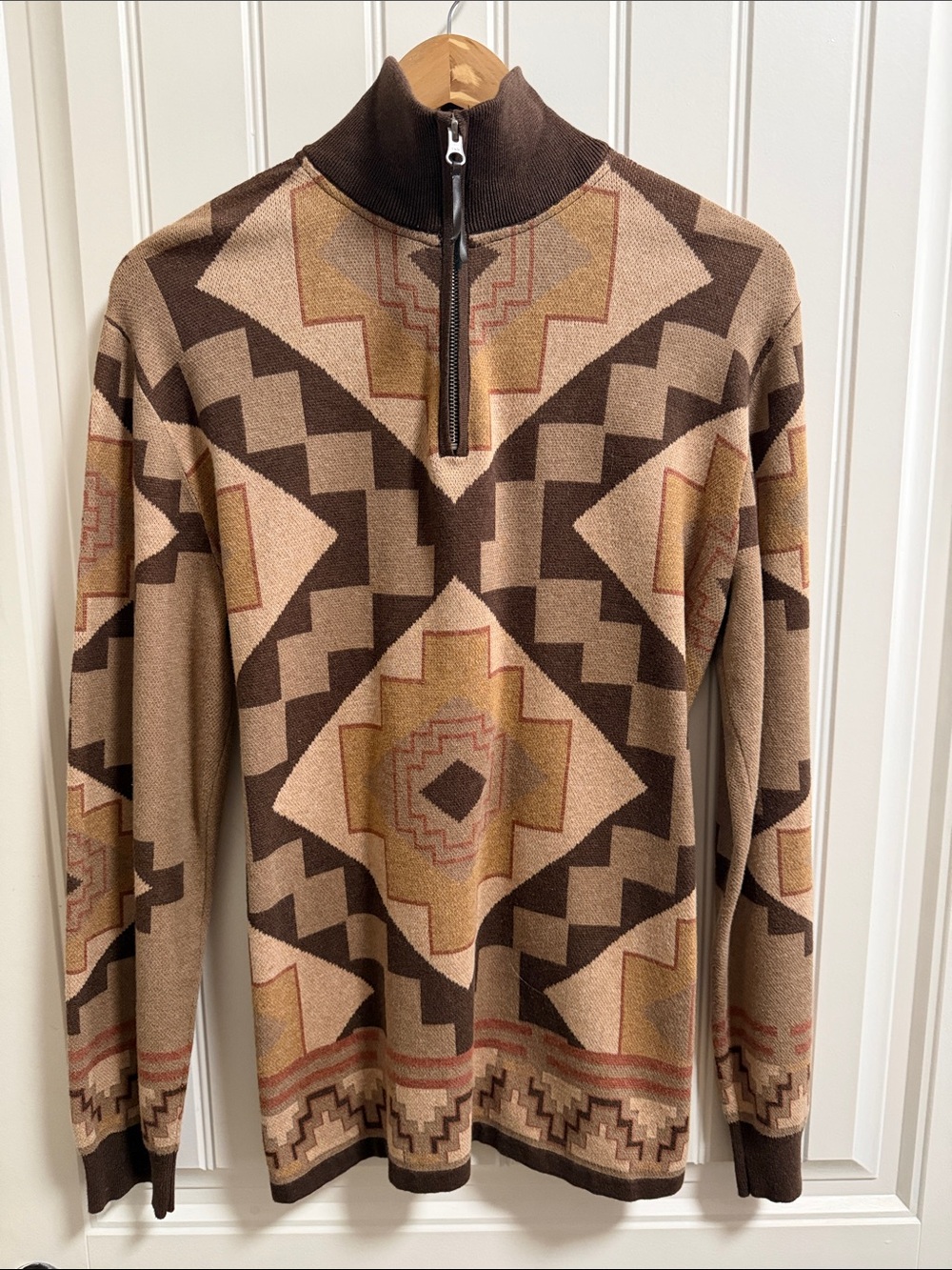 Men's Zip-Neck Geometric Knit Sweater - Brown